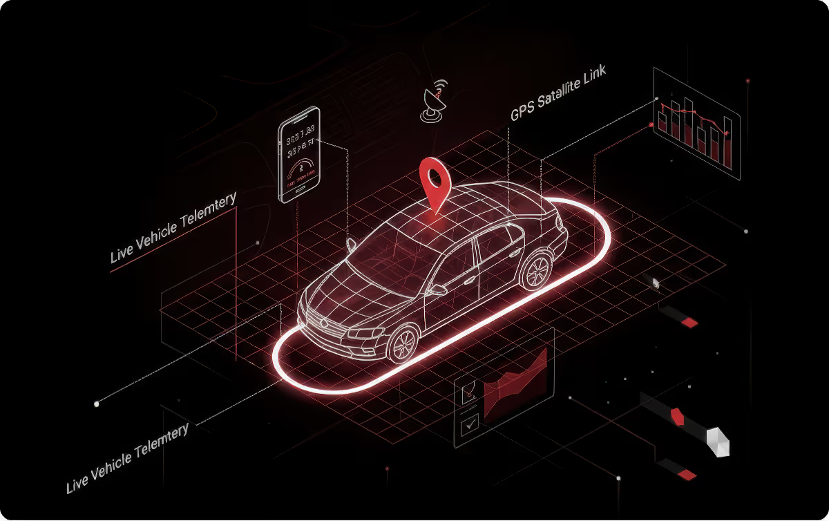 car with location and GPS tracking location indicator. Monitor, Analyze & Protect